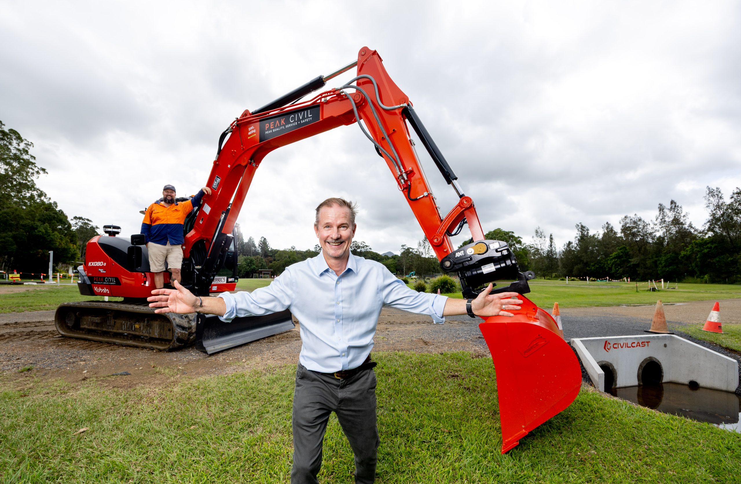 Experience Eumundi General Manager Mark Cameron and Peak Civil's Nick Wilson at the Eumundi Markets drainage infrastructure upgrade project.