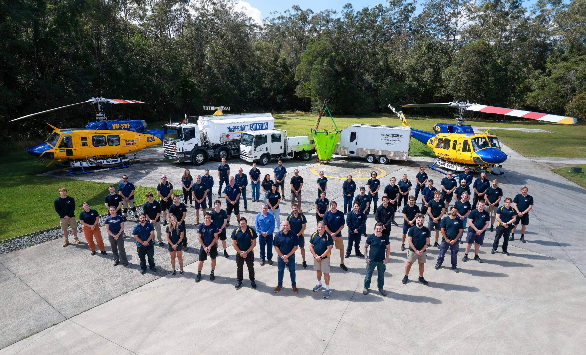 McDermott Aviation aerial firefighting team with helicopters and support equipment in Queensland