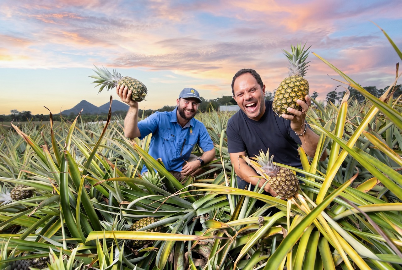 Chef Alastair McLeod and a pineapple farmer holding pineapples in a Wamuran field, grown for his Moreton Bay bugs dish